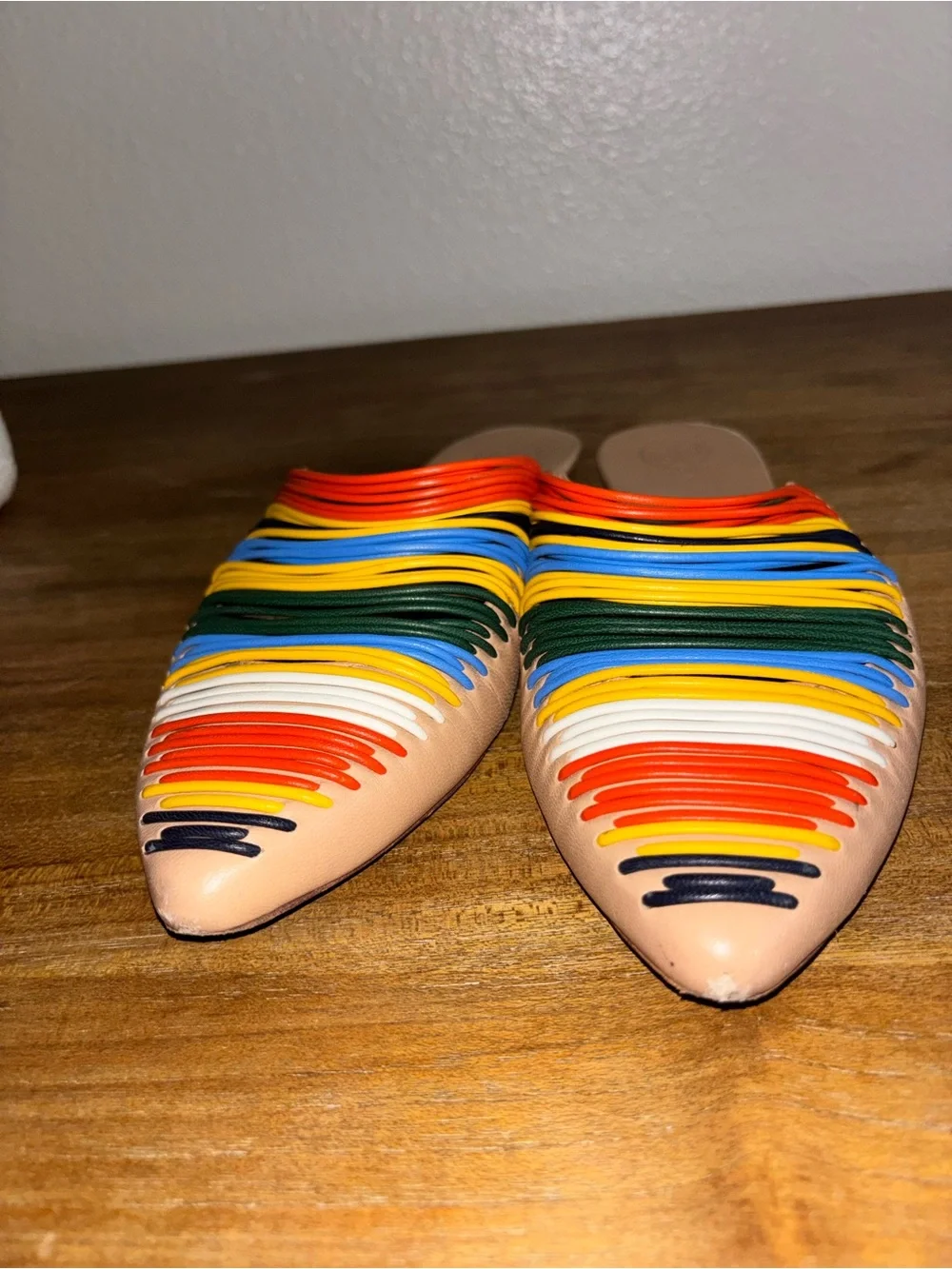 Tory Burch Tan Leather Pointed Mule with Rainbow Stripes